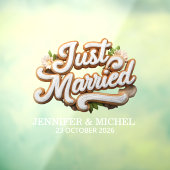 Just Marriedと書かれた白金のスクリプトが、結婚式の車に飾られている ウィンドウサイン (シート3)