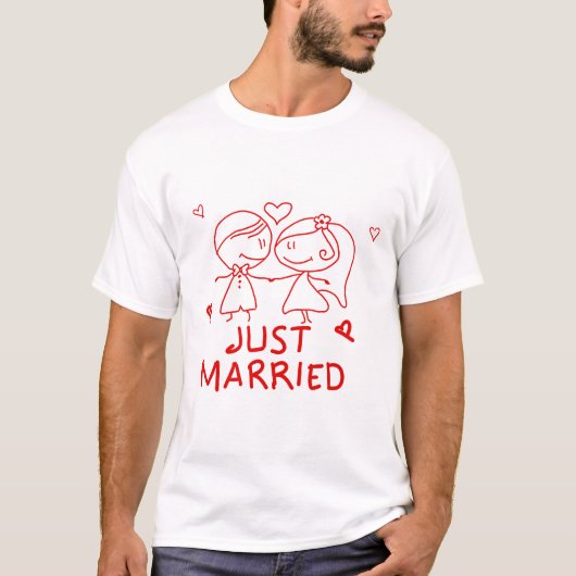 Just Married - かわいいカップルのスケッチデザイン Tシャツ (正面)