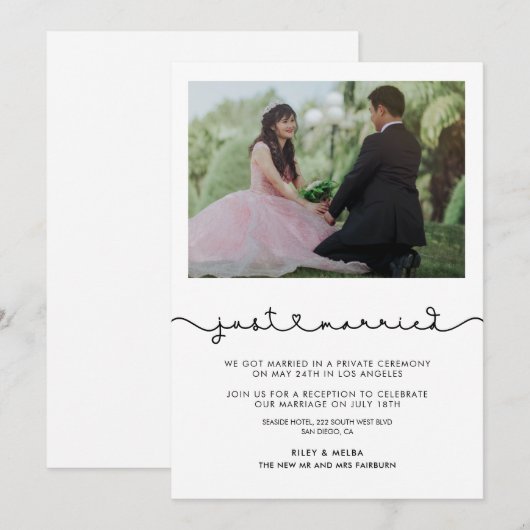 Just married かわいいハートフォントのカード 招待状 (正面/裏面)