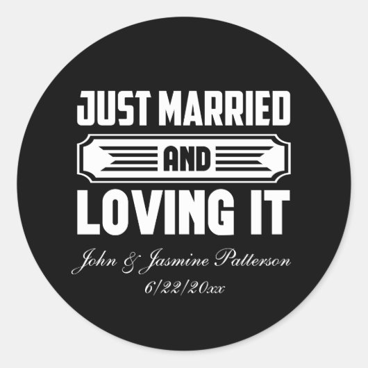 Just Married add names Date Wedding ラウンドシール (正面)