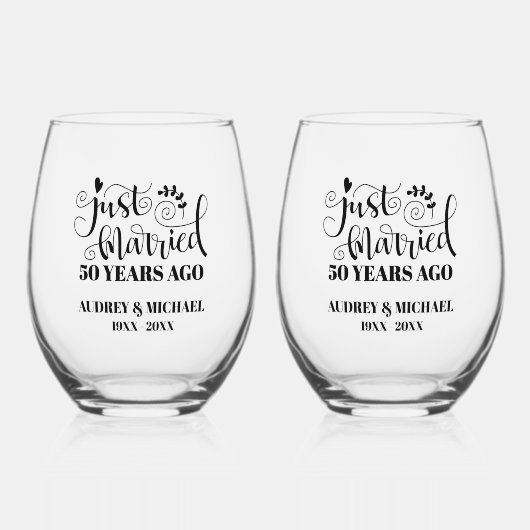Just Married Any Year Anniversary Personalized ステムなしワイングラス (正面)