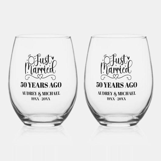 Just Married Any Year Anniversary Personalized ステムなしワイングラス (正面)