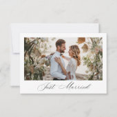 Just Married black script wedding announcement サンキューカード (正面)