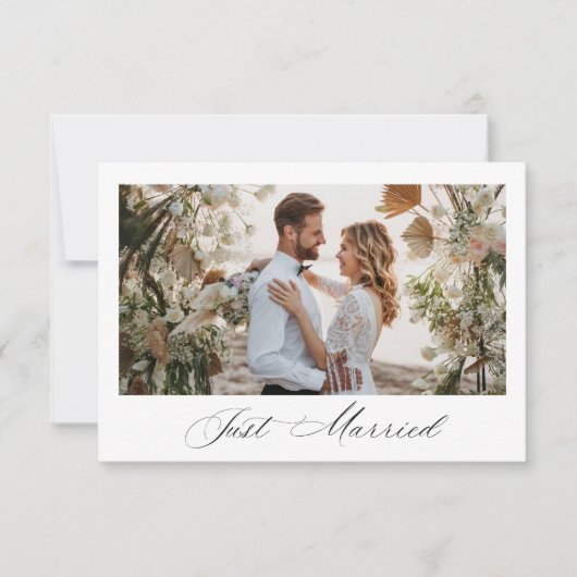 Just Married black script wedding announcement サンキューカード (正面)