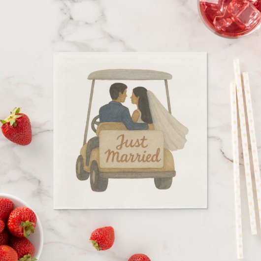 'Just Married' Bride and Groom in a Golf Cart スタンダードランチョンナプキン (インサイチュ)