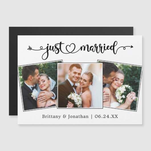 Just Married Calligraphy Heart 3 Photo Magnet Card (正面/裏面)