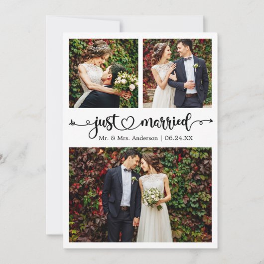 Just Married Calligraphy Heart 3 Photos Wedding 案内状 (正面)