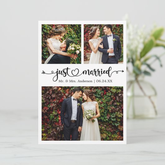 Just Married Calligraphy Heart 3 Photos Wedding 案内状 (スタンド正面)