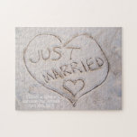 Just Married Destination Sand Writing Custom ジグソーパズル<br><div class="desc">This puzzle features a photograph of the words "Just Married" written hastily in the sand - perfect for those who had beach, tropical, or destination weddings! Add the special couple's name, date of wedding, and location for a sweet customized puzzle gift! Or, add your own message and well wishes! You...</div>
