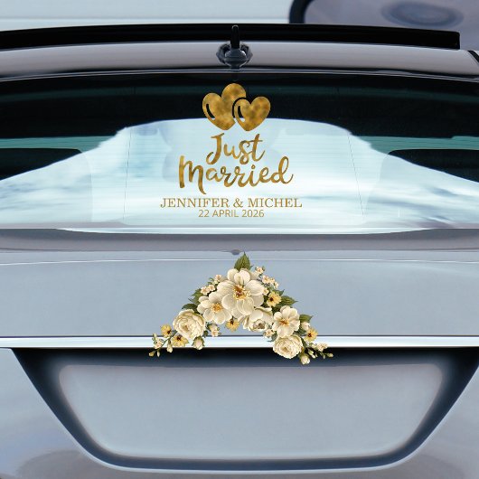Just Married elegant gold script wedding car ウィンドウサイン