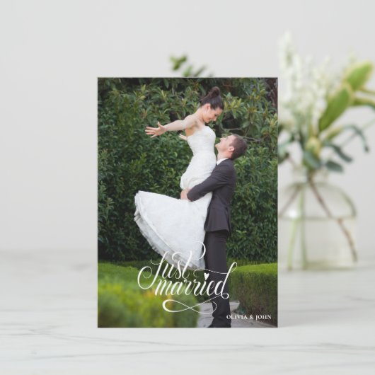 Just Married Elegant Script Photos Wedding 案内状 (スタンド正面)