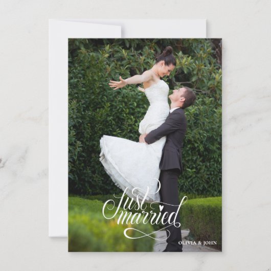Just Married Elegant Script Photos Wedding 案内状 (正面)