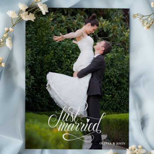 Just Married Elegant Script Photos Wedding 案内状