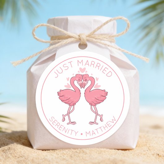 Just Married Pink Flamingos Tropical Beach Wedding ラウンドシール