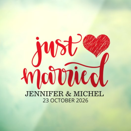 Just Married romantic red script wedding car ウィンドウサイン (シート3)