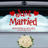 Just Married romantic red script wedding car ウィンドウサイン