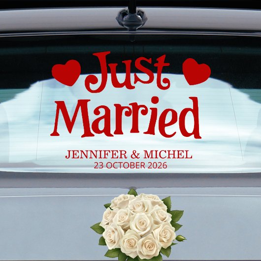 Just Married romantic red script wedding car ウィンドウサイン