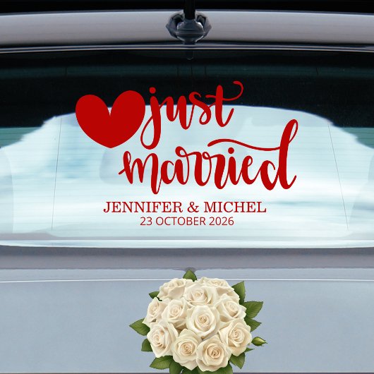 Just Married romantic red script wedding car ウィンドウサイン