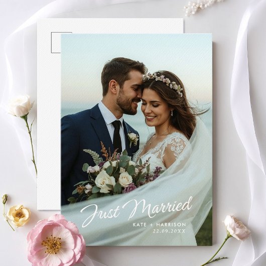 Just Married Script Wedding Photo Announcement ポストカード
