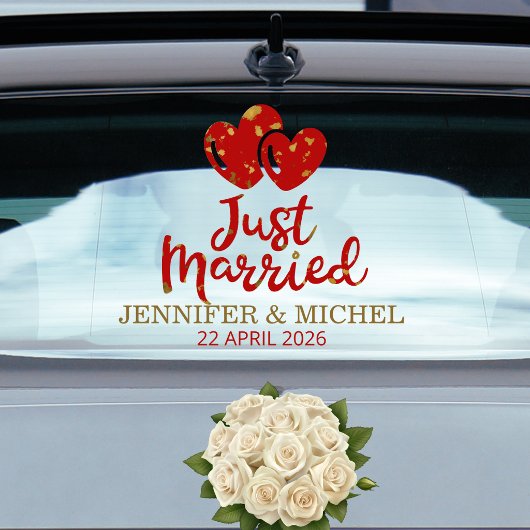 Just Married Wedding Car Window Cling with Hearts ウィンドウサイン