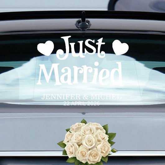 Just Married Wedding Car Window Cling with Hearts ウィンドウサイン