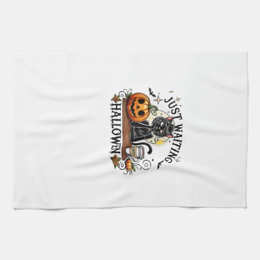 Just Waiting For Halloween Black Cat Lady Ice Coff キッチンタオル (横)