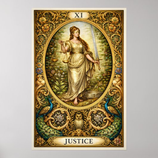 Justice Tarot Card XI – Pre-Raphaelite Gold ポスター (正面)