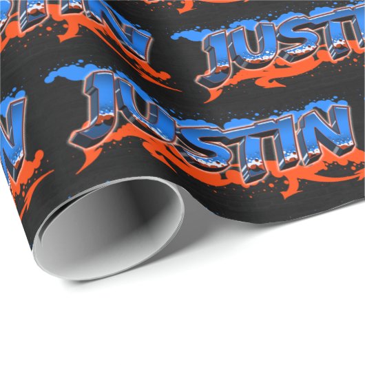 Justin Vorname Name Graffiti blue orange ラッピングペーパー (ロールコーナー)