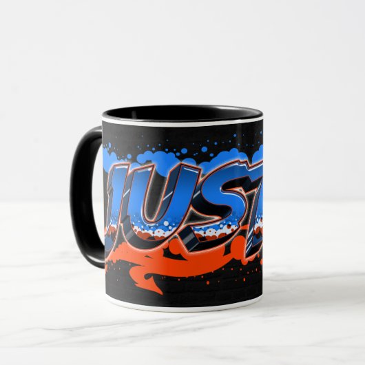 Justin Vorname Name Graffiti blue orange Tasse マグカップ (正面左)