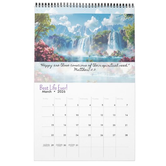 JW 2026 Calendar -Calming Waterfalls -Matthew 5:3 カレンダー (3月 2026)