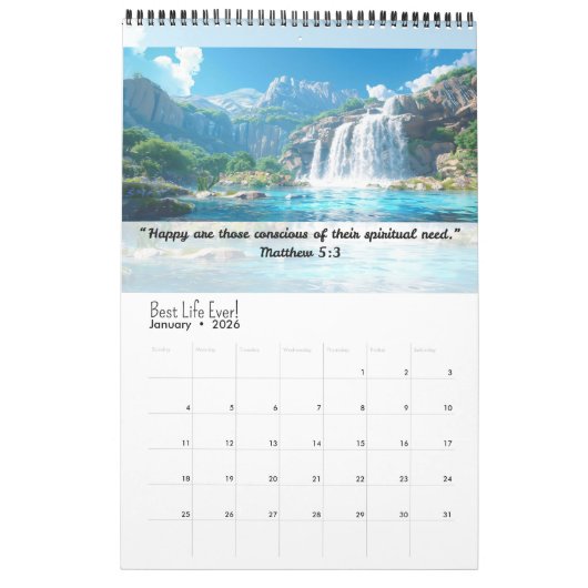 JW 2026 Calendar -Calming Waterfalls -Matthew 5:3 カレンダー (1月 2026)