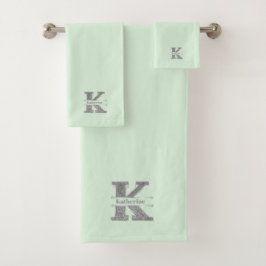 Kイニシャルパーソナライズされたシルバーモノグラムあなたの名前 バスタオルセット