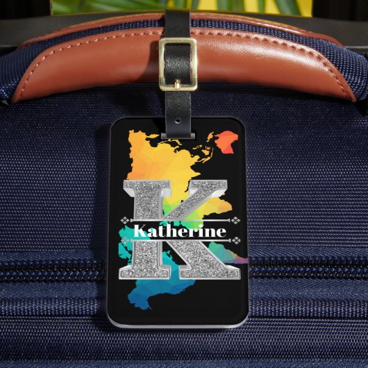 Kイニシャルパーソナライズされたシルバーモノグラムあなたの名前 ラゲッジタグ (正面インサイチュ2)