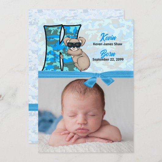 Kブルーモノグラムのコアラ写真誕生 案内状 (正面/裏面)