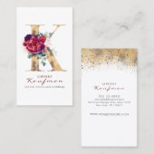 Kモノグラムブルガンディーレッド花模様と金ゴールドグリッター 名刺 (正面/裏面)
