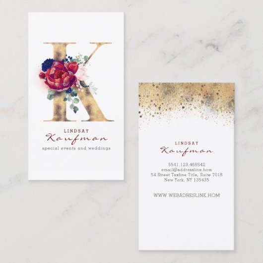 Kモノグラムブルゴーニュ金ゴールドとネイビーブルーフローラ 名刺 (正面/裏面)