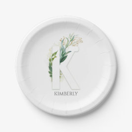 Kモノグラム ゴールド グリーンの葉 エレガントな名前 ペーパープレート