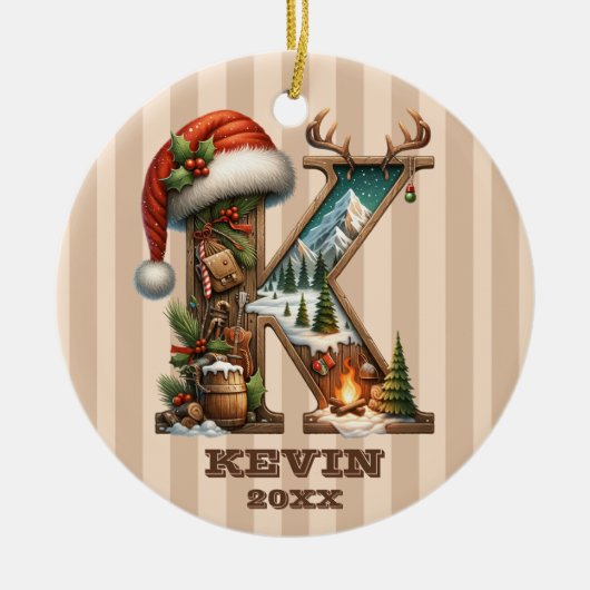 K素朴ヴィンテージ冬シーン付き休日レター セラミックオーナメント (正面)