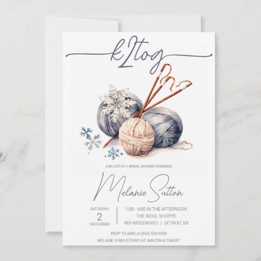 k2tog、ウィンターグレイヤーン、編み物ブライダルシャワー 招待状 (正面)