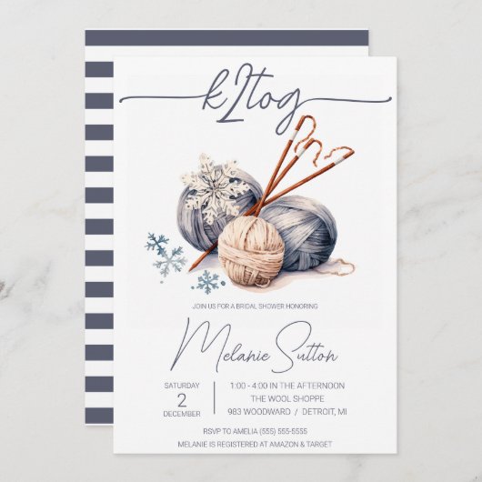 k2tog、ウィンターグレイヤーン、編み物ブライダルシャワー 招待状 (正面/裏面)