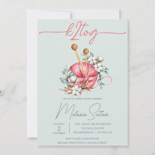 k2tog、ブルーとピンクコットン編み物ブライダルシャワー 招待状 (正面)