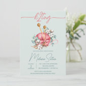 k2tog、ブルーとピンクコットン編み物ブライダルシャワー 招待状 (スタンド正面)