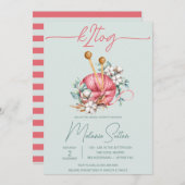 k2tog、ブルーとピンクコットン編み物ブライダルシャワー 招待状 (正面/裏面)