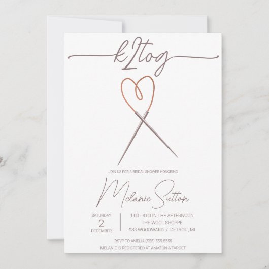 k2tog、編み物、ハートケーブルニードルブライダルシャワー 招待状 (正面)