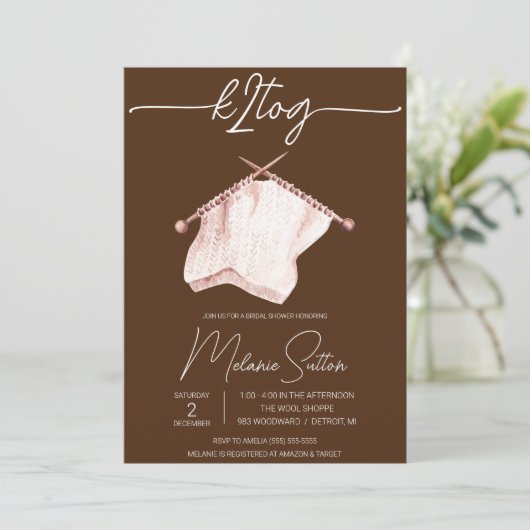 k2tog、編み物、ブラウンおよびアイボリーブライダルシャワー 招待状 (スタンド正面)