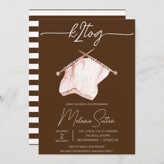 k2tog、編み物、ブラウンおよびアイボリーブライダルシャワー 招待状 (正面/裏面)