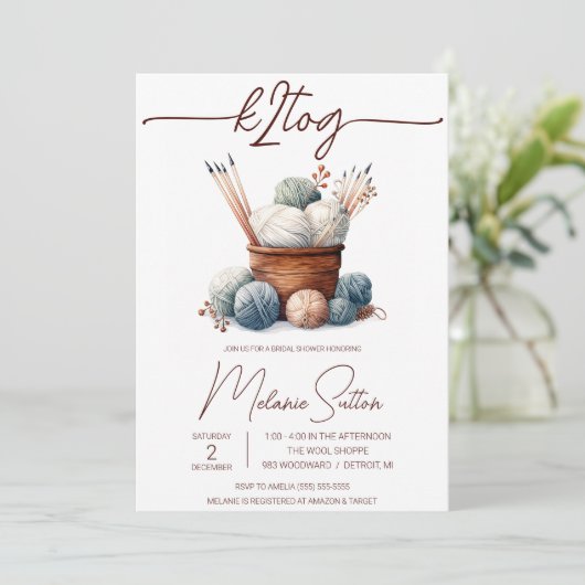 k2tog、編み物、ヤーンブライダルシャワーのバスケット 招待状 (スタンド正面)