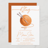 k2tog、編み物、糸のオレンジブライダルシャワー 招待状 (正面/裏面)