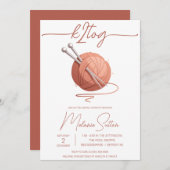 k2tog、編み物、糸のピンクボールブライダルシャワー 招待状 (正面/裏面)