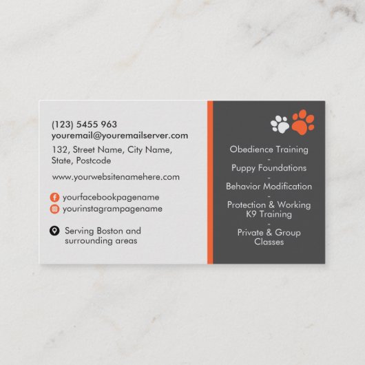 K9トレーニング – ドッグトレーナー – イヌ行動主義者 名刺 (裏面)